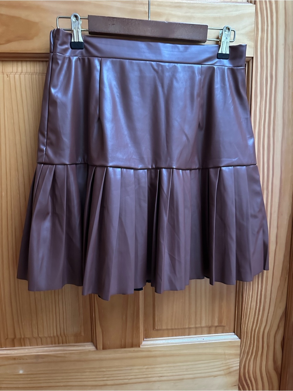Women's Pleated Faux Leather Brown Skirt